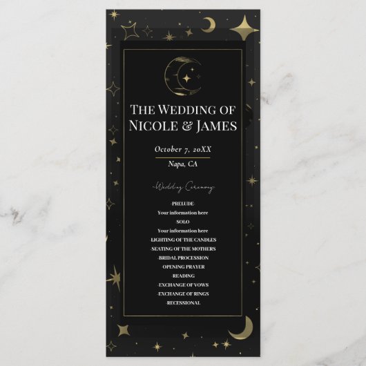 Black & Gold Celestial Moon Stars Hochzeitsprogram Programm (Vorderseite)