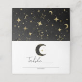 Black & Gold Celestial Moon Stars Hochzeitstisch Platzkarte (Außenseite Aufgefaltet)