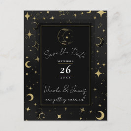 Black & Gold Celestial Moon & Stars Save the Date Ankündigungspostkarte