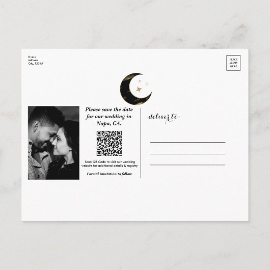 Black & Gold Celestial Moon & Stars Save the Date Ankündigungspostkarte (Rückseite)