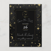 Black & Gold Celestial Moon & Stars Save the Date Ankündigungspostkarte (Vorderseite)