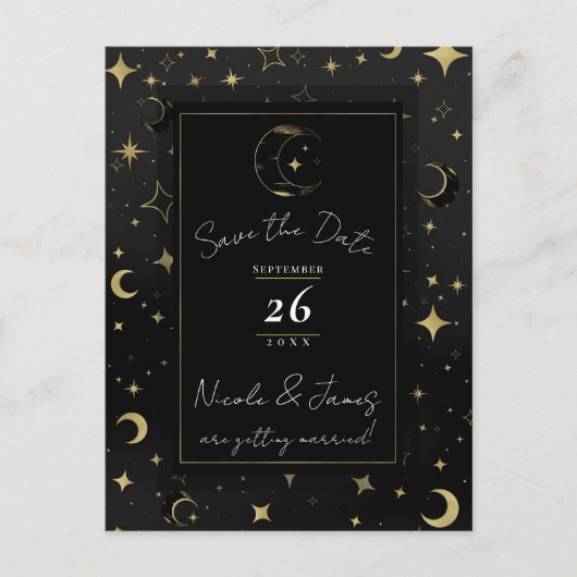 Black & Gold Celestial Moon & Stars Save the Date Ankündigungspostkarte (Vorderseite)