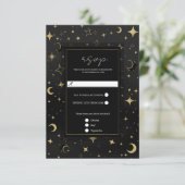 Black & Gold Celestial Moon Stars Wedding RSVP (Stehend Vorderseite)