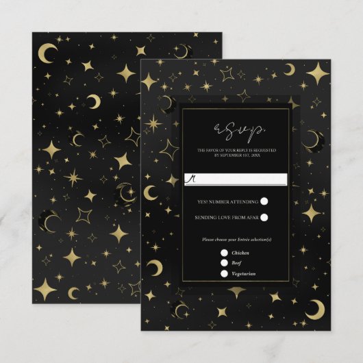 Black & Gold Celestial Moon Stars Wedding RSVP Karte (Vorne/Hinten)