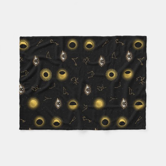 Black Gold Celestial Sun & Moon Zodiac Eye Fleecedecke (Vorderseite (Horizontal))