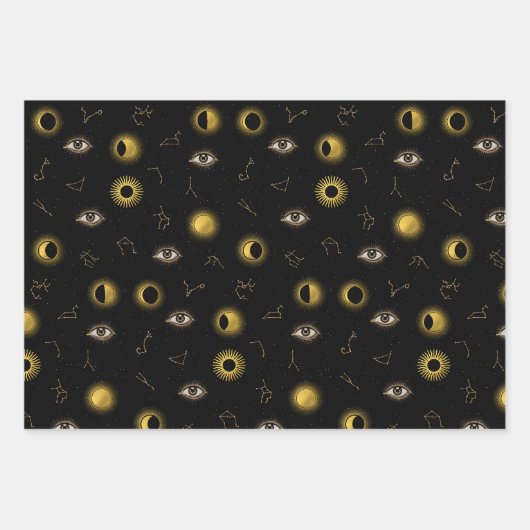 Black Gold Celestial Sun & Moon Zodiac Eye Geschenkpapier Set (Vorderseite 3)