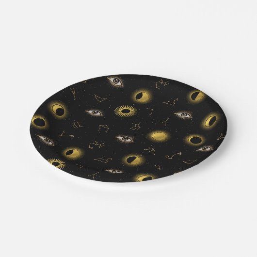 Black Gold Celestial Sun & Moon Zodiac Eye Pappteller (Schrägansicht)