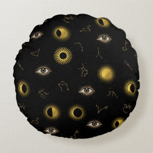 Black Gold Celestial Sun & Moon Zodiac Eye Rundes Kissen