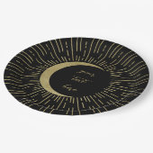 Black & Gold Celestial Sunburst Moon Wedding Pappteller (Schrägansicht)