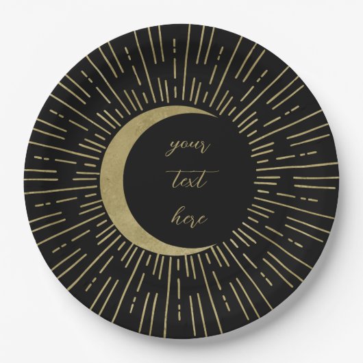 Black & Gold Celestial Sunburst Moon Wedding Pappteller (Vorderseite)