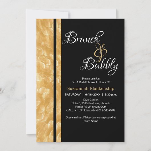 Black & Gold Champagne Brunch & Bubbly Einladung (Vorderseite)