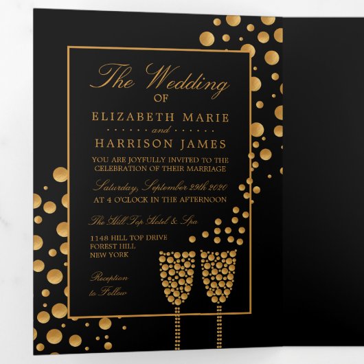 Black & Gold Champagne Bubbles, Hochzeitssuite Dreifach Gefaltete Einladung (Innen Erste Seite)