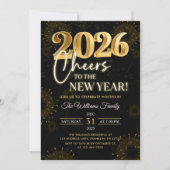 Black Gold Champagne Cheers New Years Eve Party Einladung (Vorderseite)