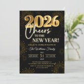 Black Gold Champagne Cheers New Years Eve Party Einladung (Stehend Vorderseite)