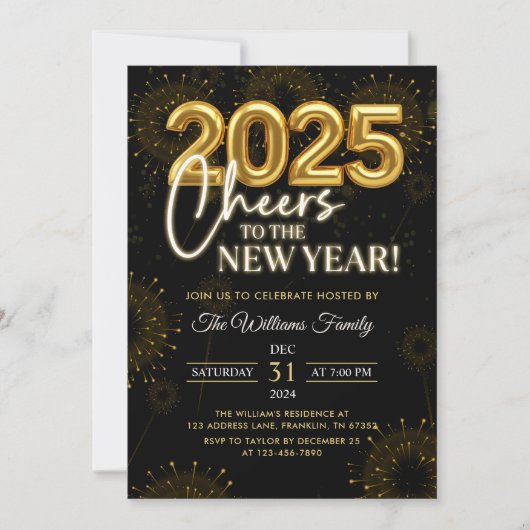 Black Gold Champagne Cheers Silvester Party Einladung (Vorderseite)