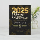 Black Gold Champagne Cheers Silvester Party Einladung (Stehend Vorderseite)