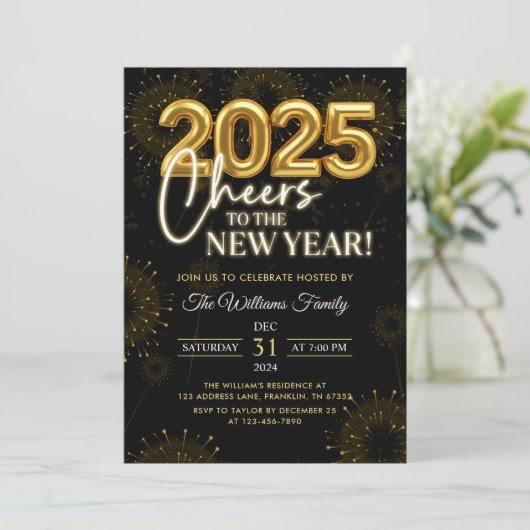 Black Gold Champagne Cheers Silvester Party Einladung (Stehend Vorderseite)