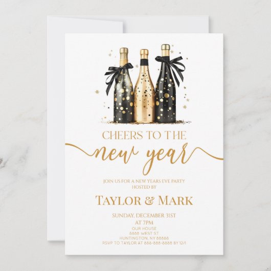 Black Gold Champagne Cheers Silvester Party Einladung (Vorderseite)
