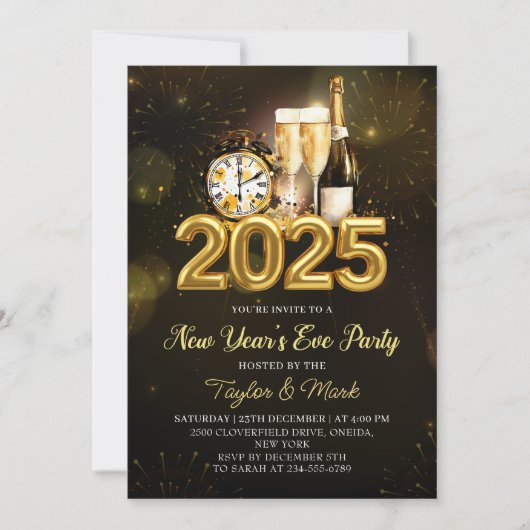 Black Gold Champagne Cheers Silvester Party Einladung (Vorderseite)