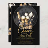 Black Gold Champagne Neujahrsfeier Einladung (Vorne/Hinten)