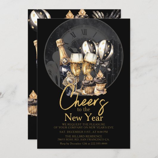 Black Gold Champagne Neujahrsfeier Einladung (Vorne/Hinten)