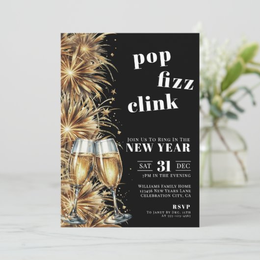Black Gold Champagne Pop Silvester Party Einladung (Stehend Vorderseite)