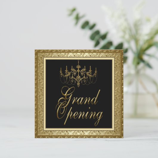 Black Gold Chandelier Business Grand Opening Einladung (Stehend Vorderseite)