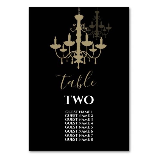 Black Gold Chandelier Wedding Guest Names Tischnummer (Vorderseite)