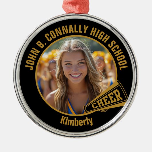Black Gold Cheerleader Photo Christmas Ornament Aus Metall (Vorne)