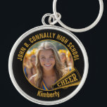 Black Gold Cheerleader Photo High School Schlüsselanhänger<br><div class="desc">This cool customized high school cheerleader photo gift features your team and player name on a black and gold keychain with a cheer megaphone. Personalize with your student's photograph and class year as a proud cheerleading parent. A great gift for a mom or dad.</div>