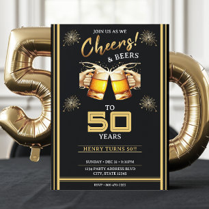 Black & Gold Cheers & Biere 50 Jahre 50. Geburtsta Einladung