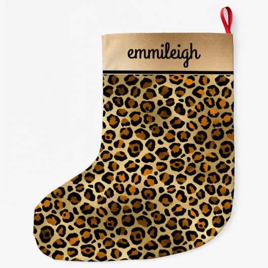 Black Gold Cheetah Leopard Monogram Großer Weihnachtsstrumpf (Rückseite)