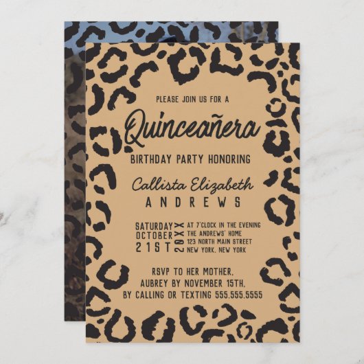 Black Gold Cheetah Leopard Quinceañera Foto Einladung (Vorne/Hinten)
