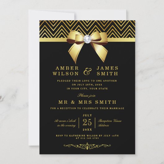 Black Gold Chevrons Bow Wedding Reception nur Einladung (Vorderseite)