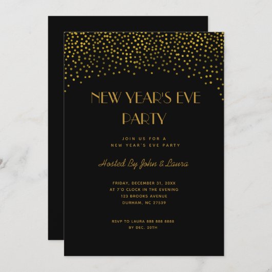 Black & Gold Chic Silvester Party Einladung (Vorne/Hinten)