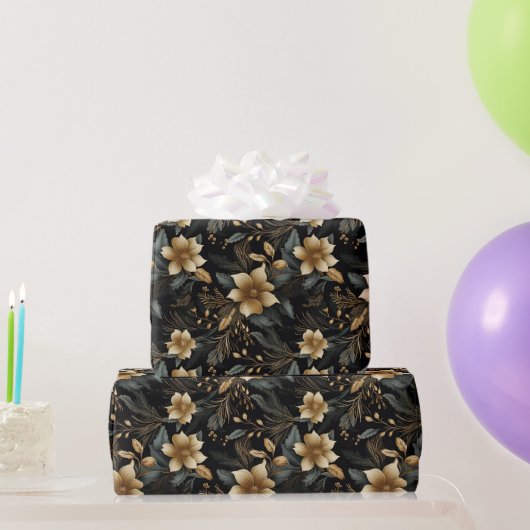 Black Gold Christmas Floral White Poinsettia Geschenkpapier (Partygeschenke)