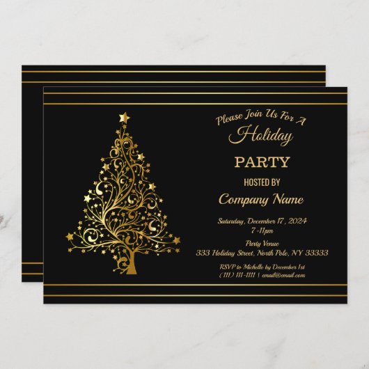 Black Gold Christmas Tree Corporate Holiday Party Einladung (Vorne/Hinten)