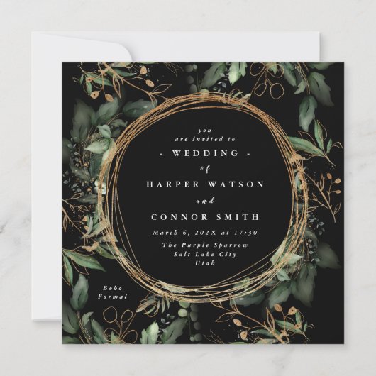 Black Gold Circle Frame Boho Botanische Eukalyptus Einladung (Vorderseite)