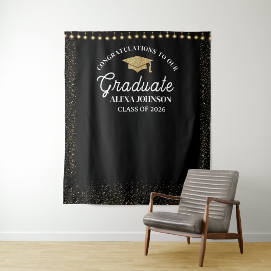 Black & Gold Class Of 2026 Graduation Backdrop Wandteppich (Beispiel)