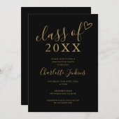 Black Gold Class of Script Heart Graduation Party Einladung (Vorne/Hinten)