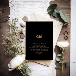 Black Gold Classic Minimal It's A Girl Baby Shower Einladung