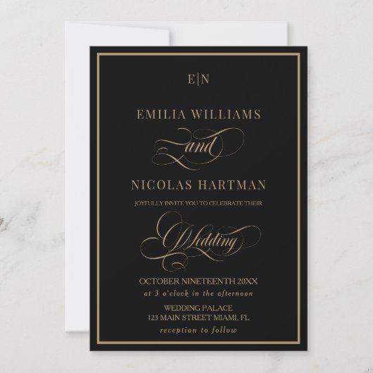 Black Gold Classic Monogram Wedding Einladung (Vorderseite)