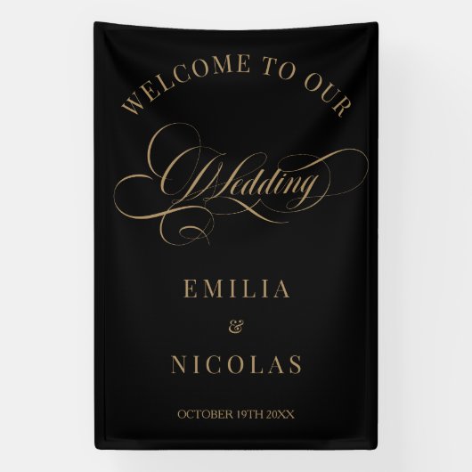 Black Gold Classic Wedding Welcome Sign Banner (Vertikal)