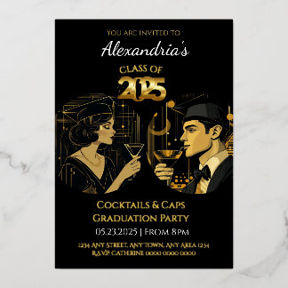 Black Gold Cocktail & Caps Graduation Party 2025 Folieneinladung