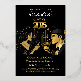 Black Gold Cocktail & Caps Graduation Party 2025 Folieneinladung
