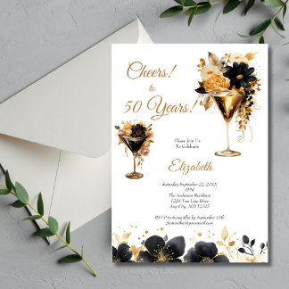 Black Gold Cocktails Drinks Florals 50th Birthday Einladung