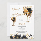 Black Gold Cocktails Drinks Florals 50th Birthday Einladung (Vorderseite)