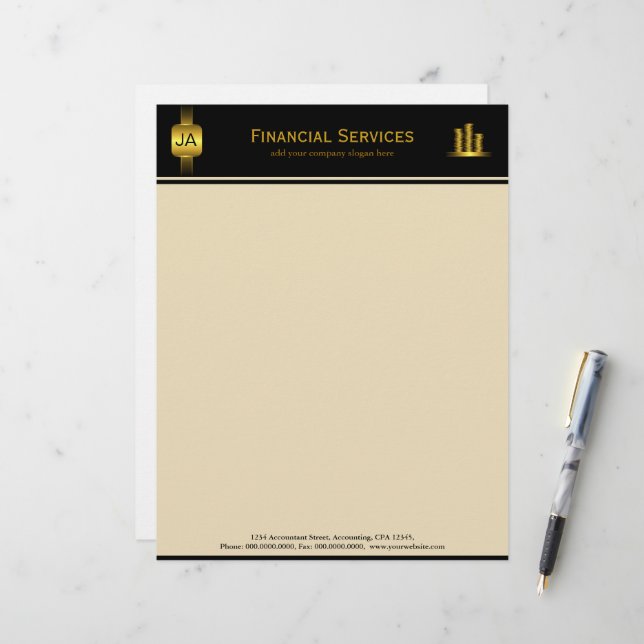 Black Gold Coins Accountant Business Letterhead Briefbogen (Vorderseite/Rückseite Beispiel)