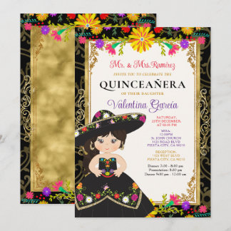 Black Gold Colorful Floral Birthday Quinceañera Einladung