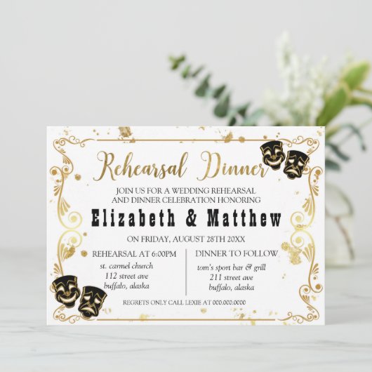 Black Gold Comedy und Tragedy Probe Dinner Einladung (Stehend Vorderseite)